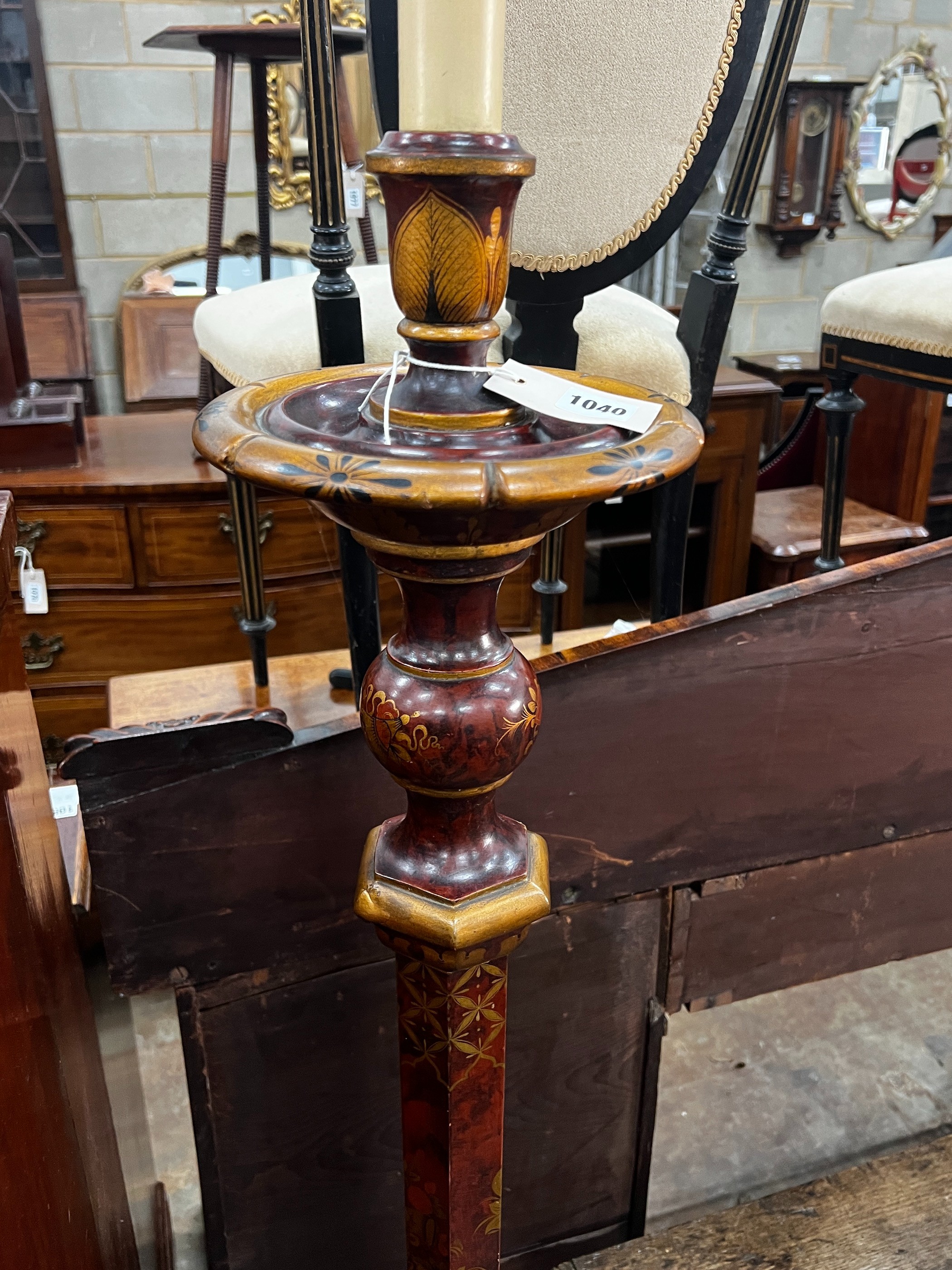 An early 20th century chinoiserie lacquered faux tortoiseshell standard lamp, height 150cm